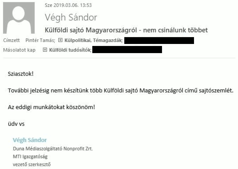 MTI: "Nem készítünk több Külföldi sajtó Magyarországról c .sajtószemlét"