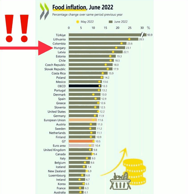 Élelmiszer infláció OECD országokban 22 júniusában